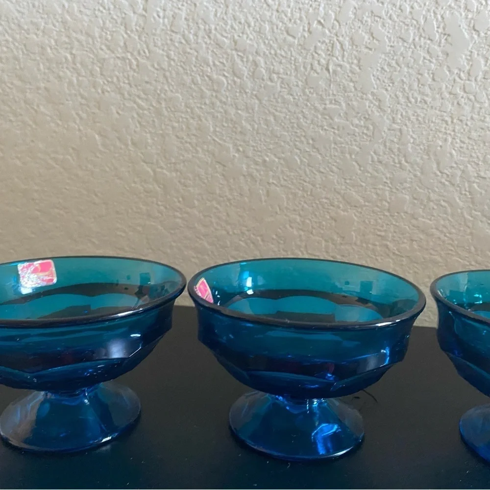 3 Viking Glass Bluenique Georgian Thumbprint Footed Blue Glass Dessert MCM Bowls